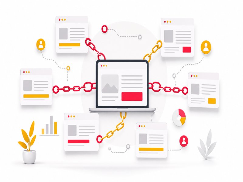 Réseau de connexions entre sites web représentant des backlinks et une stratégie de netlinking pour PME
