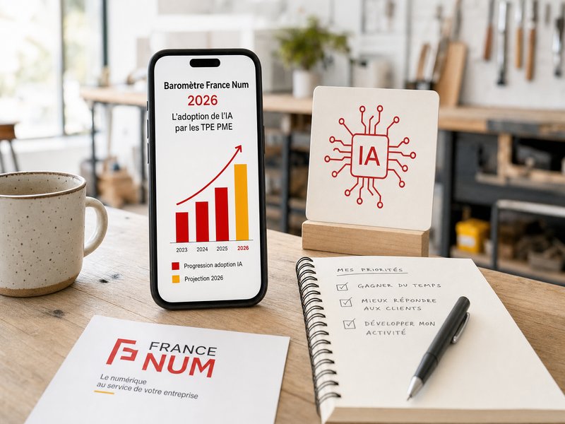 Illustration éditoriale du Baromètre France Num 2026 : smartphone sur un bureau d'artisan affichant un graphique de croissance rouge et jaune, la part des TPE PME utilisant l'intelligence artificielle passant de 13 pour cent en 2024 à 40 pour cent en 2026
