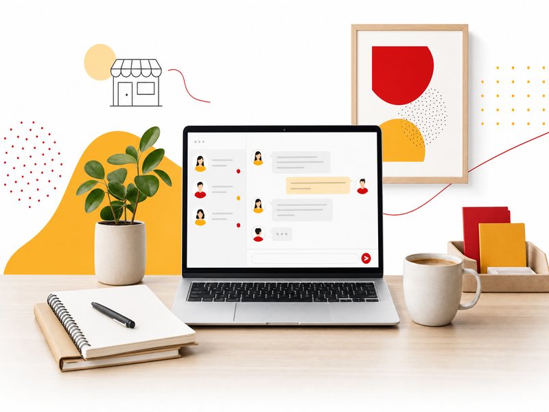 Bureau d'entrepreneur TPE avec ordinateur portable affichant une conversation avec un assistant IA, carnet et tasse de café, illustration éditoriale rouge et jaune sur fond blanc