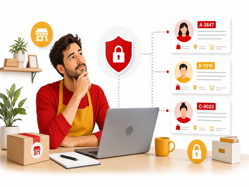 Protection des données clients avec une icône de bouclier au-dessus d'un ordinateur portable et des fiches clients anonymisées en codes A B C, illustration éditoriale rouge et jaune sur fond blanc