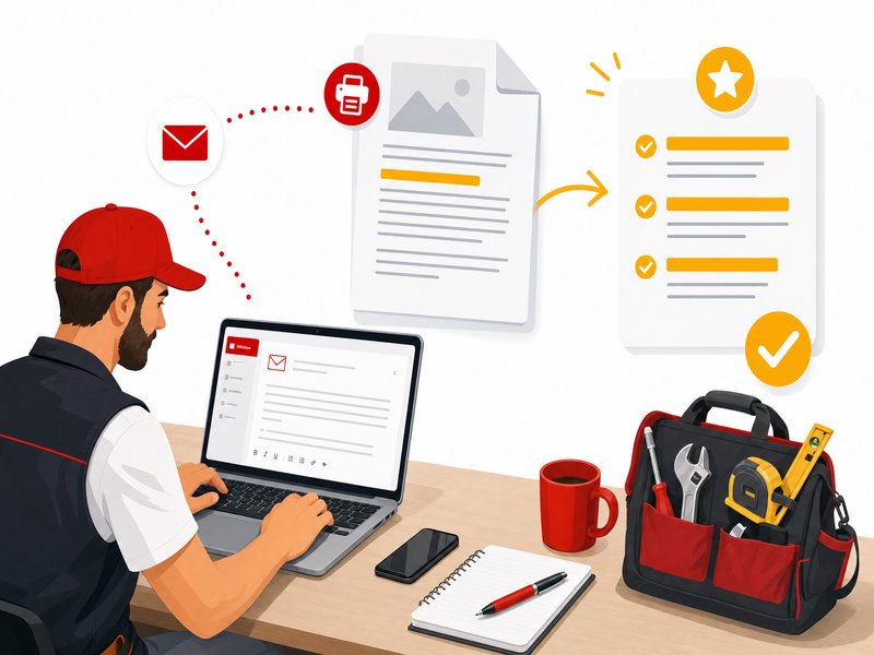 Rédaction d'un email et résumé d'un document papier avec points clés surlignés à côté d'un ordinateur portable, illustration éditoriale rouge et jaune sur fond blanc
