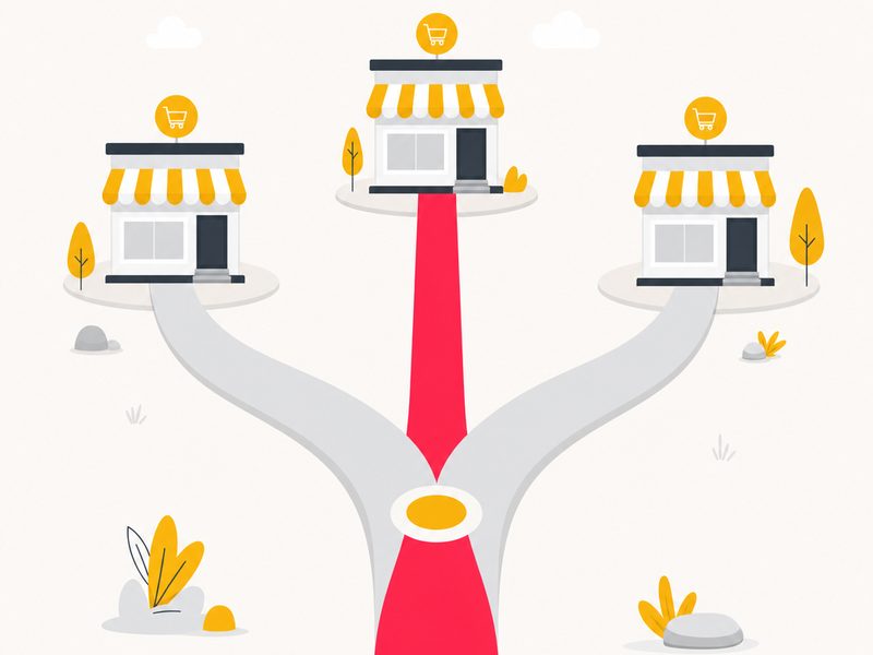 Carrefour à trois chemins menant chacun à une boutique en ligne stylisée, l'un en rouge, illustration du choix entre WooCommerce, Shopify et PrestaShop