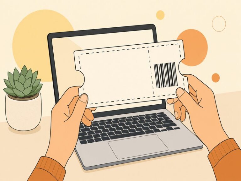 Illustration éditoriale d'un grand ticket promotionnel à bordure découpée et code-barres tenu entre deux mains au-dessus d'un clavier d'ordinateur portable, symbole du code promo Google Ads.