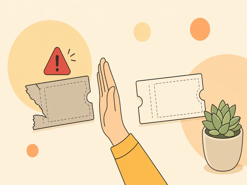 Illustration d'une main repoussant un ticket promotionnel usé avec un bord déchiré et un triangle d'alerte rouge, à côté d'un coupon intact : achat de codes promo Google Ads revendus déconseillé.