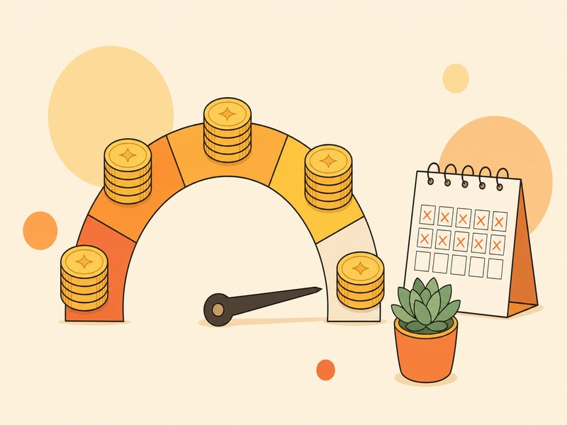Illustration d'une jauge de progression formée de pièces empilées à côté d'un calendrier avec des jours barrés, symbolisant le seuil de dépenses publicitaires à atteindre avant de recevoir un avoir Google Ads.