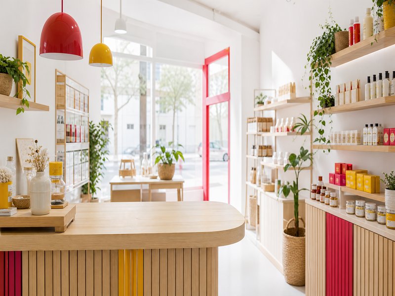 Intérieur d'une boutique de proximité : comptoir en bois clair, présentoirs ordonnés et lumière du jour entrant par la vitrine, ambiance calme et accueillante