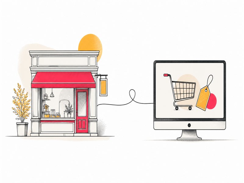 Concept de la transition numérique d'un commerce de proximité : une devanture traditionnelle reliée par un trait fin à un écran affichant un panier d'achat stylisé, sur fond clair