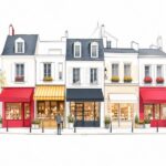 Illustration du commerce de proximité : une petite rue commerçante avec des devantures alignées, bacs de fleurs et quelques silhouettes de passants, dans une palette claire et sobre