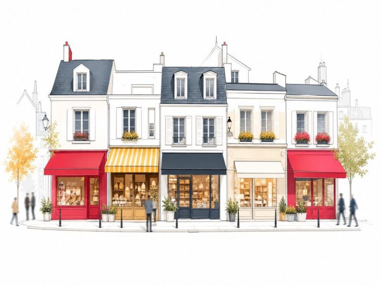 Illustration du commerce de proximité : une petite rue commerçante avec des devantures alignées, bacs de fleurs et quelques silhouettes de passants, dans une palette claire et sobre