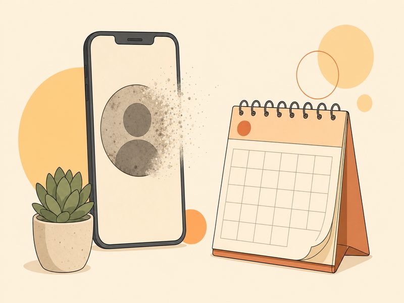 Illustration éditoriale d'un smartphone dont l'avatar de compte s'efface avec une page de calendrier : un compte Google inactif depuis deux ans peut être supprimé automatiquement