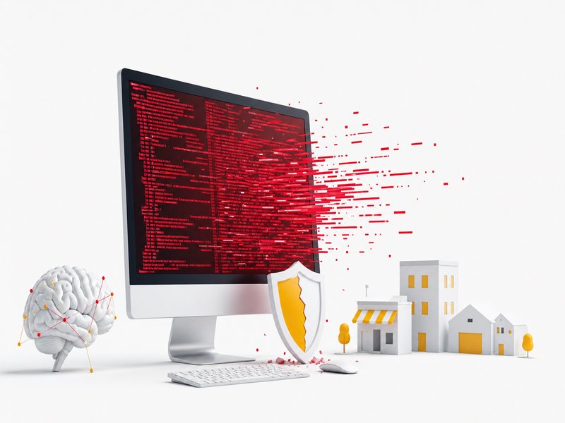 Écran d'ordinateur affichant du code rouge vif qui déborde du cadre, illustration éditoriale cybersécurité et intelligence artificielle, blog Normandie Digital