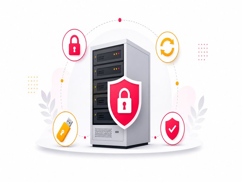 Serveur informatique sécurisé entouré de pictogrammes cadenas, clé USB et mise à jour, les fondamentaux de la cybersécurité web