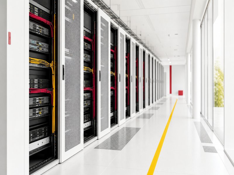 Représentation sobre de baies de serveurs d'un centre de données avec des câbles ordonnés, évoquant la consommation électrique de l'hébergement et du cloud