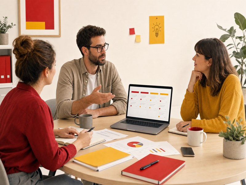 Petite equipe reunie autour d un ecran lors d une revue de projet hebdomadaire dans une tres petite entreprise