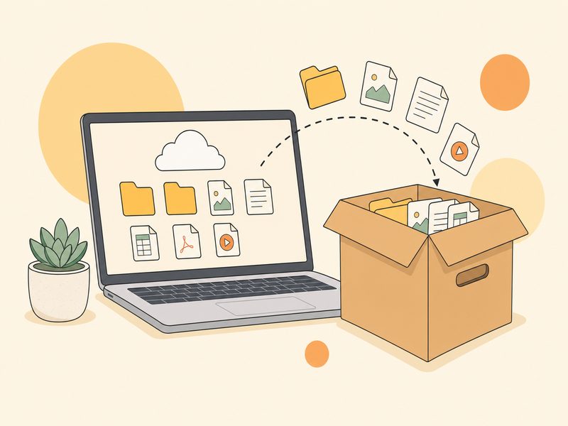Illustration éditoriale d'un ordinateur portable exportant des fichiers de stockage en ligne vers une boîte d'archives : l'étape d'export des données avant de supprimer son compte Google