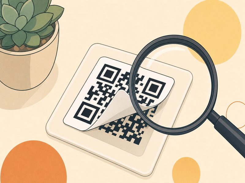 Illustration d'un faux QR code autocollant qui se décolle par-dessus un QR code imprimé légitime, observé à la loupe : la méthode de substitution physique décrite par le ministère de l'Économie.