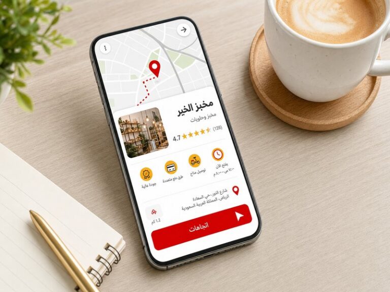 Illustration flat design d'un smartphone posé sur un bureau en bois affichant la fiche d'un établissement local avec carte, bouton d'itinéraire et avis, tasse à côté, aux accents rouge et jaune