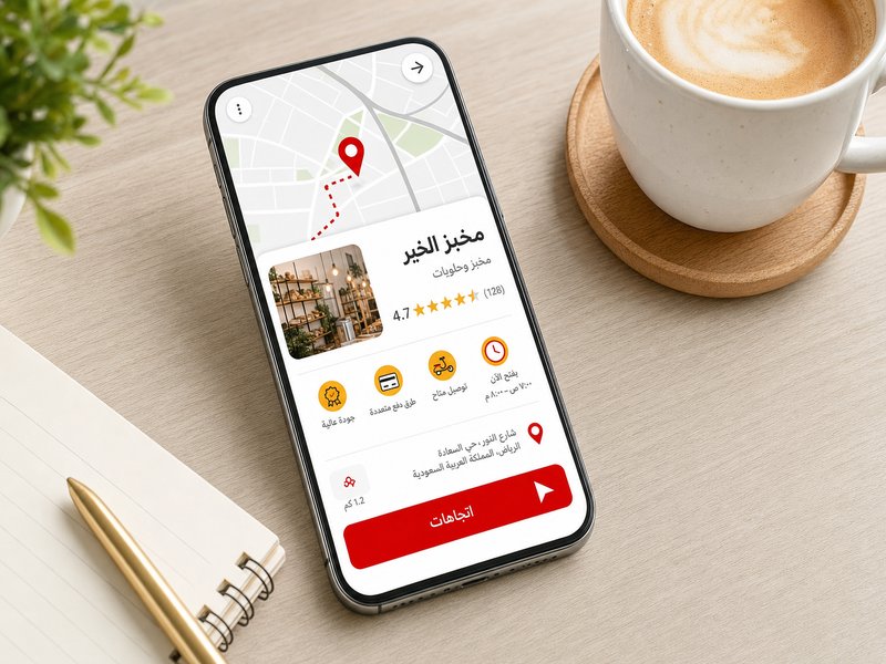 Illustration flat design d'un smartphone posé sur un bureau en bois affichant la fiche d'un établissement local avec carte, bouton d'itinéraire et avis, tasse à côté, aux accents rouge et jaune
