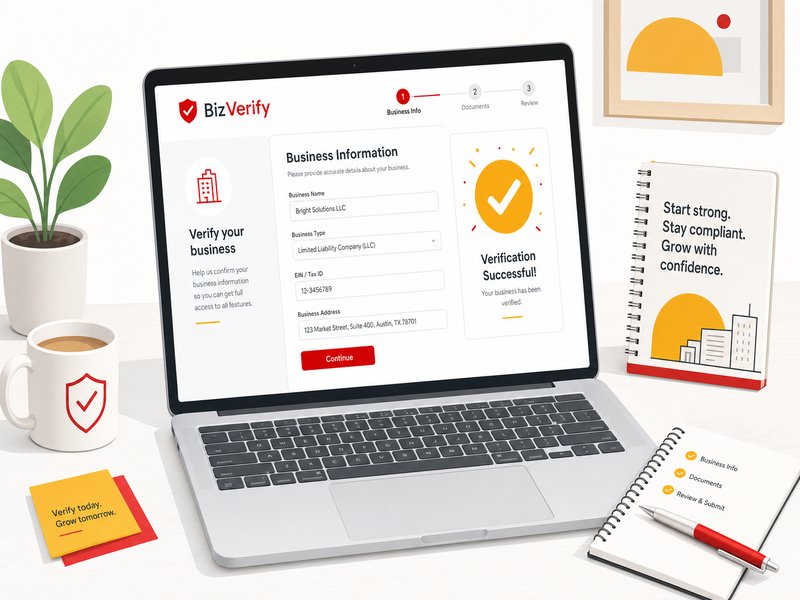 Illustration flat design d'un ordinateur portable sur un bureau clair montrant un formulaire de validation d'entreprise avec coche de vérification, carnet et stylo à côté, accents rouge et jaune