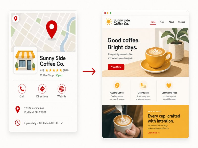 Illustration flat design de deux panneaux comparés sur un mur clair : une carte de fiche d'établissement Google et une page de site web, flèche entre les deux, accents rouge et jaune