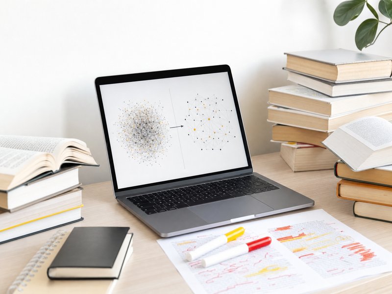 Ordinateur portable ouvert sur un bureau clair, entouré de livres empilés, avec des annotations rouges et jaunes qui représentent les données d’entraînement d’une IA : illustration du fonctionnement de ChatGPT avant la question de l’utilisateur