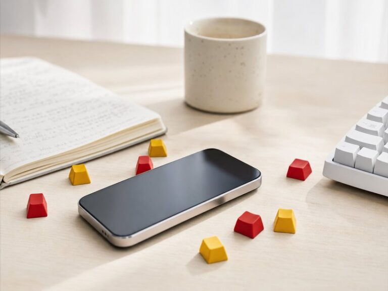 Téléphone posé sur un bureau en bois, un document manuscrit à côté, avec des touches clavier rouge et jaune qui évoquent une conversation en train de s’écrire : illustration éditoriale sur le fonctionnement de ChatGPT pour le blog Normandie Digital