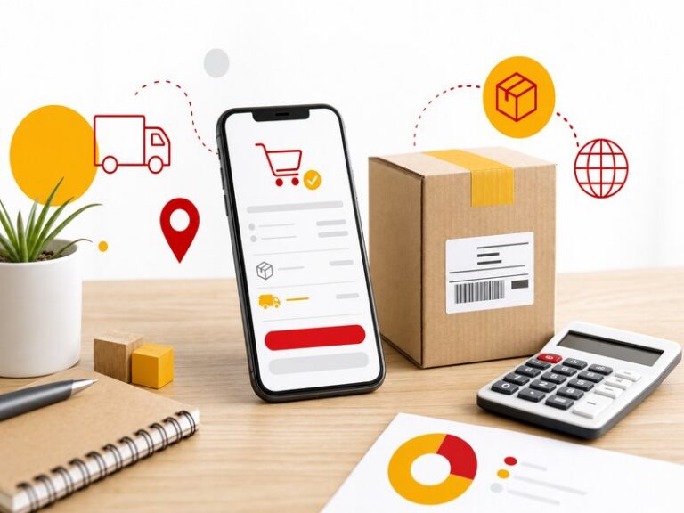 Smartphone montrant un panier d'achat en ligne avec le détail des frais de livraison, à côté un colis carton et une calculatrice posés sur un bureau en bois clair