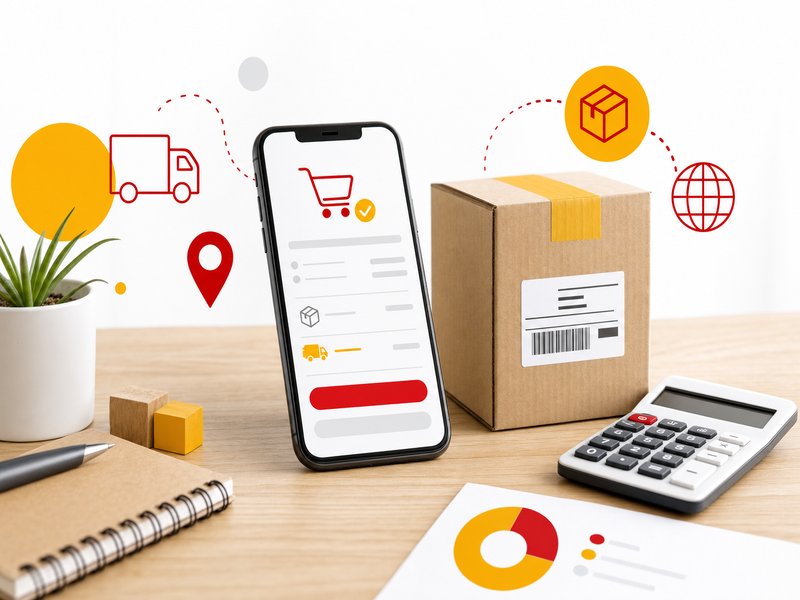 Smartphone montrant un panier d'achat en ligne avec le détail des frais de livraison, à côté un colis carton et une calculatrice posés sur un bureau en bois clair