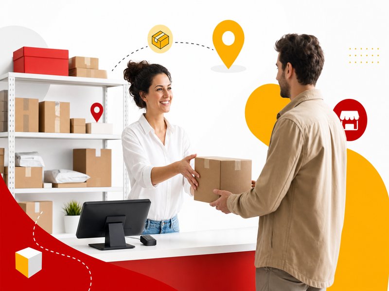 Client récupérant un colis dans un point relais de proximité avec étagères de colis et écran de caisse, illustration éditoriale claire