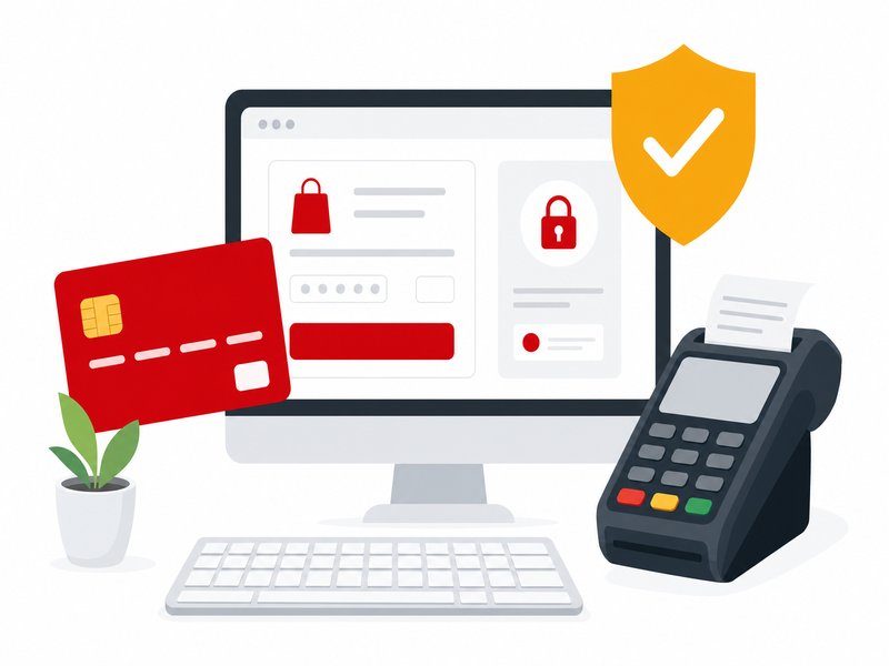 Illustration flat design d'un paiement en ligne protégé par le protocole 3-D Secure, carte bancaire rouge et bouclier jaune à coche sur écran, style éditorial sobre pour un article TPE sur la fraude carte bancaire e-commerce.