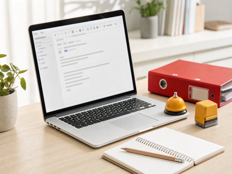 Ordinateur portable montrant un email de contestation de paiement d'abonnement, carnet et classeur aux accents rouge et jaune, illustration éditoriale sur bureau clair pour un article sur les litiges commerciaux et la rétrofacturation.