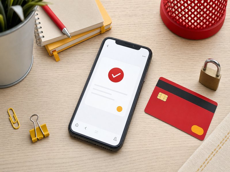 Validation de paiement sur smartphone pour un achat en ligne sécurisé, illustration éditoriale sur bureau en bois avec carte bancaire et cadenas, aux accents rouge et jaune normands, pour un article sur la fraude carte bancaire en e-commerce.
