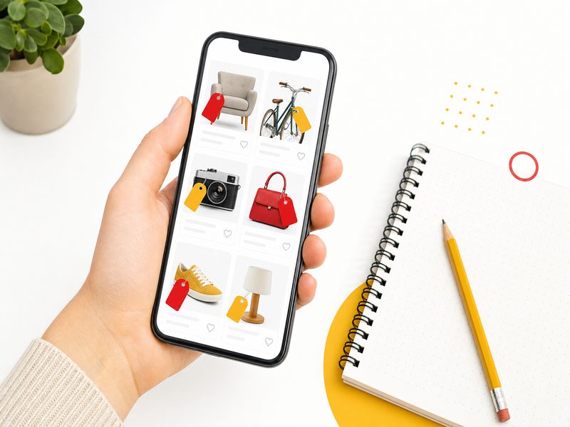 Illustration éditoriale : une main tenant un smartphone avec des étiquettes de prix rouges et jaunes, image du budget quotidien moyen d'une campagne Google Ads en TPE