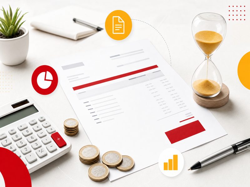 Illustration éditoriale : une facture, une calculatrice et des pièces sur un bureau clair, symbole du plafond mensuel de facturation de Google Ads fixé à 30,4 fois le budget quotidien moyen