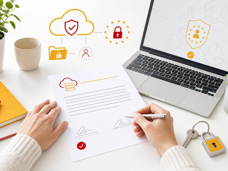 Signature d'un contrat d'hébergement web sur un bureau clair avec ordinateur portable, illustration éditoriale aux accents rouge et jaune