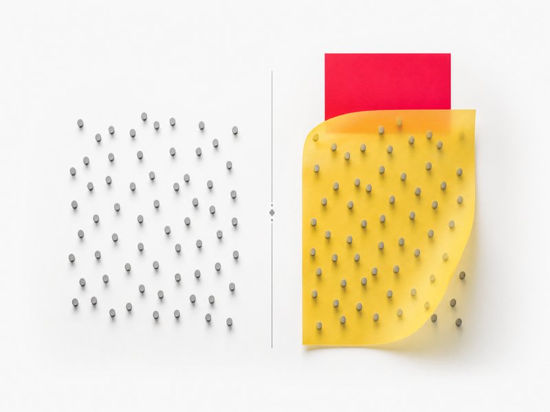 Points gris réguliers face à un bloc rouge partiellement recouvert par un volet jaune translucide