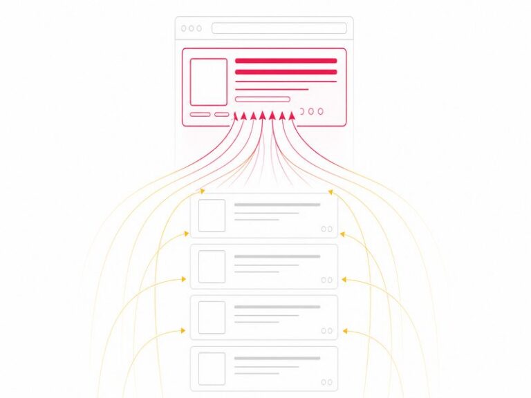 Illustration d'une page de résultats stylisée dont les flèches de trafic descendent vers des blocs de contenu restés vides