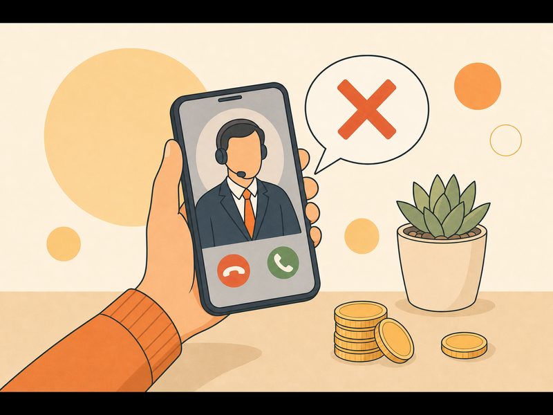 Illustration d'une main tenant un téléphone refusant un appel de faux conseiller bancaire, bulle de conversation barrée et pièces de monnaie sur la table