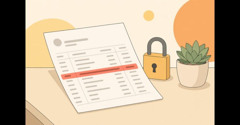 Illustration d'un relevé bancaire sur un bureau avec une ligne IBAN surlignée en rouge et un cadenas posé à côté, symbole de la protection des coordonnées bancaires