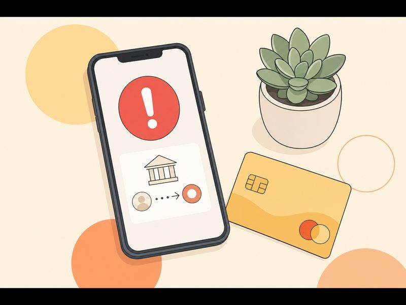 Illustration d'un smartphone affichant une alerte de prélèvement suspect avec un cercle d'avertissement rouge et une carte bancaire posée à côté