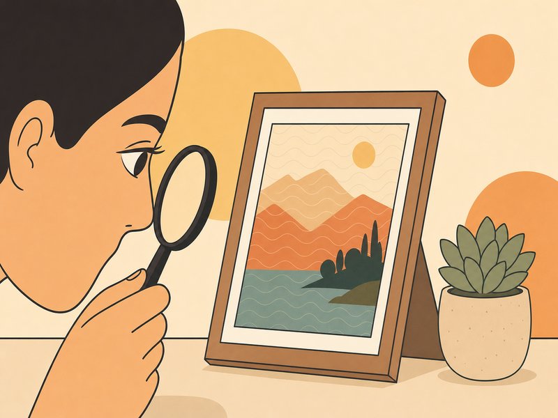 Illustration d'un œil stylisé examinant une photo encadrée contenant un motif de filigrane ondulé, pour figurer la détection d'une image générée par intelligence artificielle