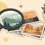 Illustration de vérification d'une image générée par intelligence artificielle, loupe et photographies sur fond crème
