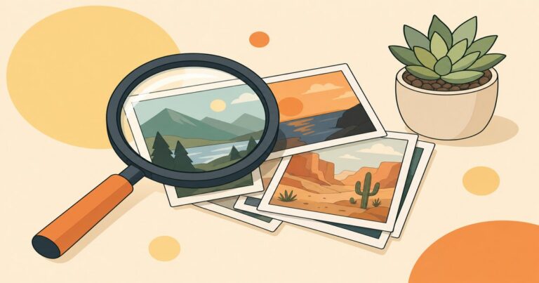 Illustration de vérification d'une image générée par intelligence artificielle, loupe et photographies sur fond crème
