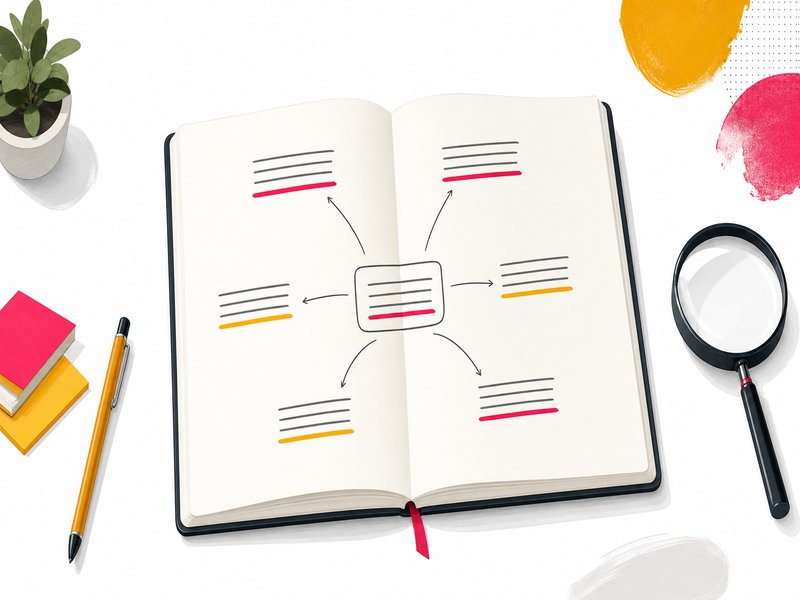 Un carnet ouvert avec des mots techniques entourés, dont certains reliés par des flèches