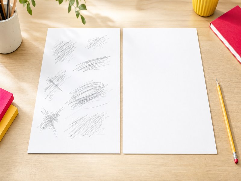 Deux feuilles de papier côte à côte sur un bureau, l'une raturée et l'autre propre, illustration éditoriale sur la comparaison de deux formulations
