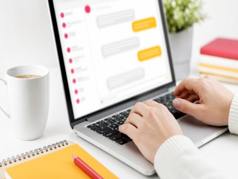 Une personne tapant une demande sur un clavier d'ordinateur devant une fenêtre de conversation, illustration éditoriale sur la formulation d'une requête à une IA