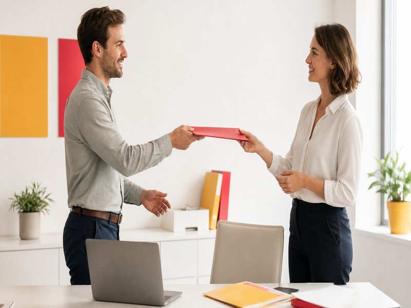 Deux personnes échangeant un dossier dans un bureau de petite entreprise, illustration éditoriale sur la responsabilité du traitement des données