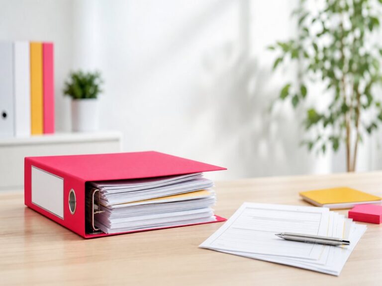 Un classeur de dossiers sur un bureau d'artisan, avec un formulaire papier et un stylo, illustration éditoriale évoquant le classement de données clients