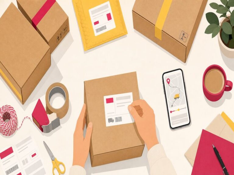 Camion de livraison e-commerce devant un entrepôt, illustration éditoriale flat design aux accents rouge et jaune