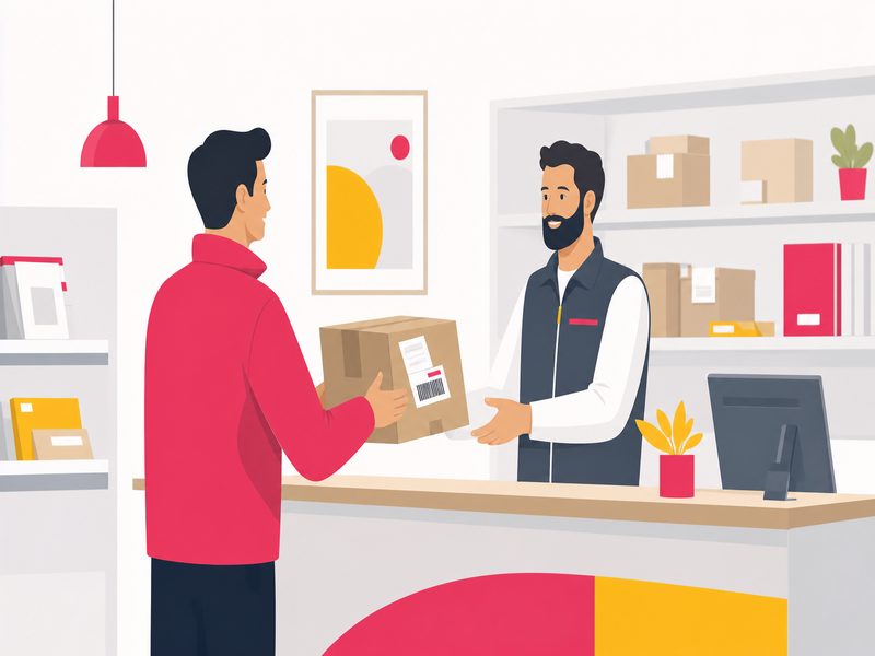 Illustration flat design d'un échange de colis entre un client et un point relais, carton échangé contre une étiquette de retour, fond clair, accents rouge et jaune